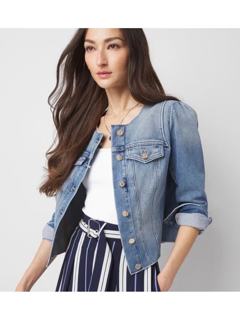 NWT White House Black Market Puff Sleeve Denim Jacket